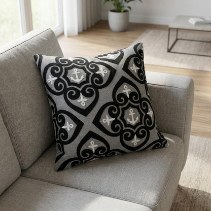 20" Ivory Damask Cotton Throw Pillow