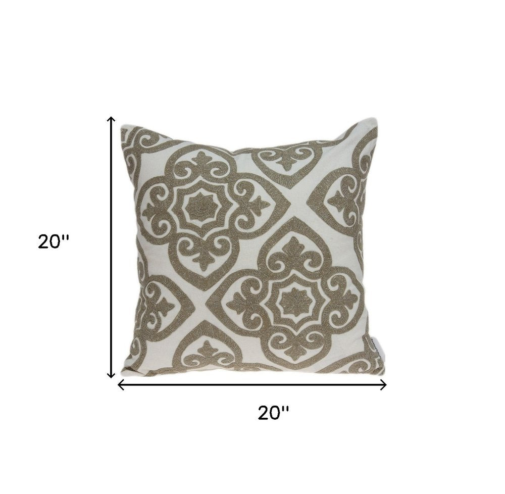 20" Ivory Damask Cotton Throw Pillow