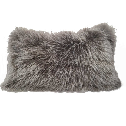 17" Grey Genuine Tibetan Lamb Fur Pillow With Microsuede Backing