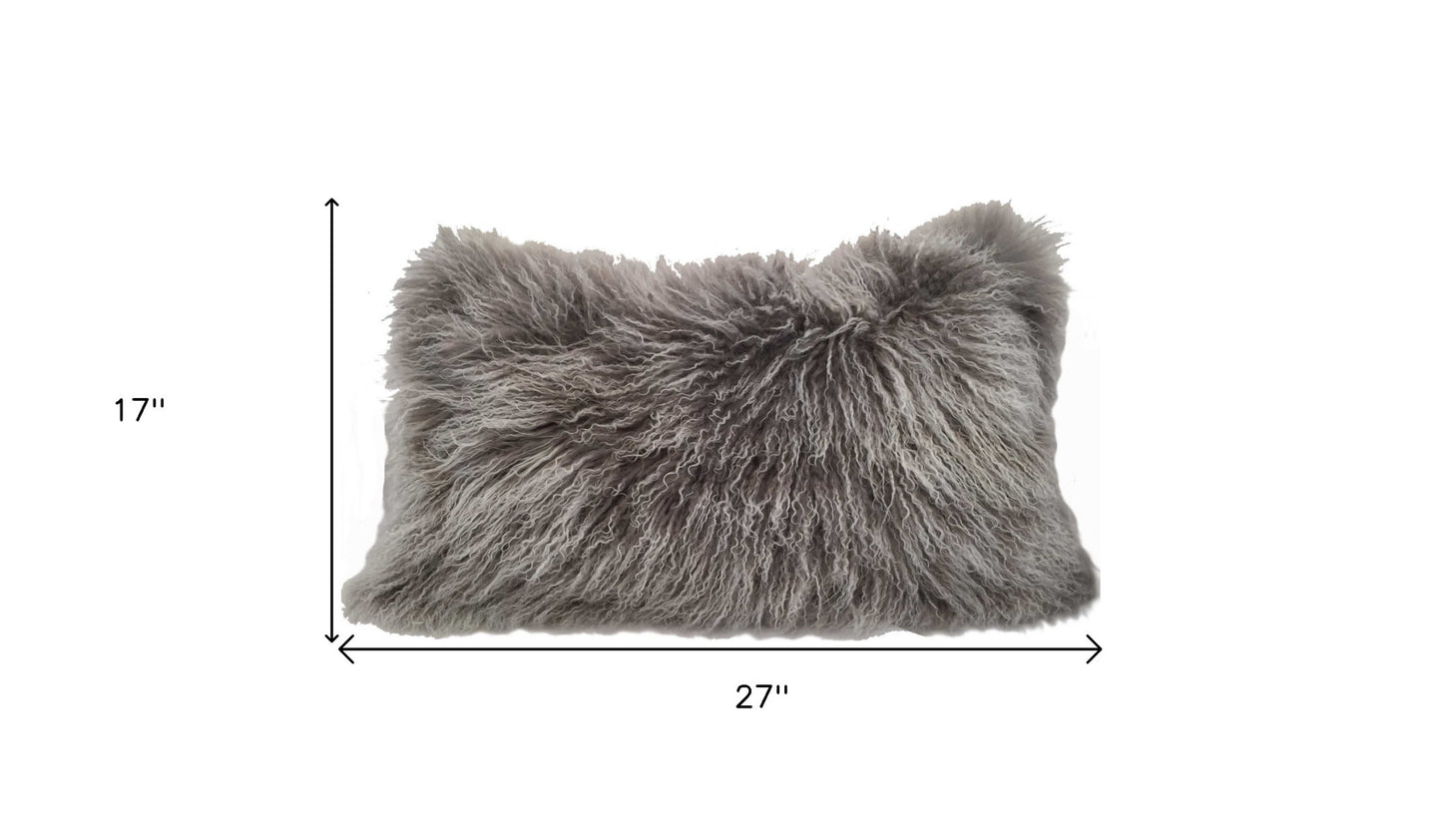 17" Grey Genuine Tibetan Lamb Fur Pillow With Microsuede Backing