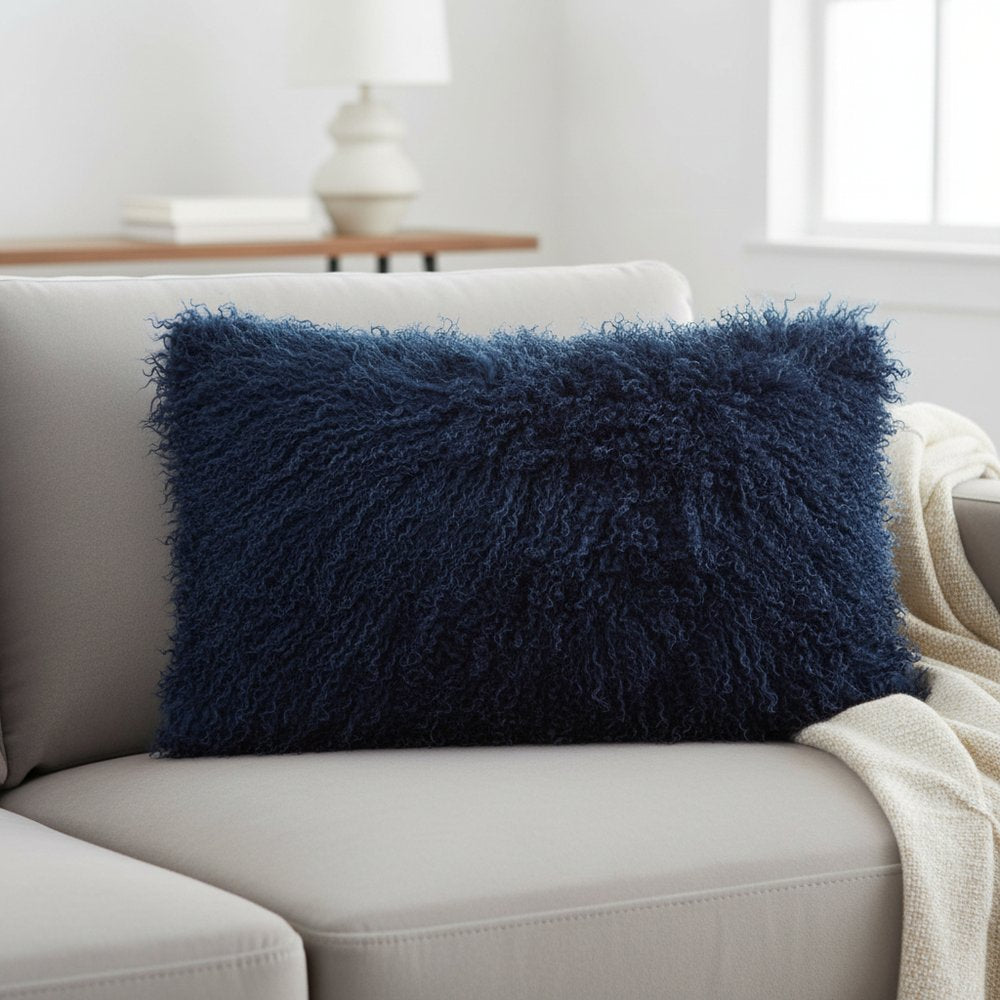 17" Navy Blue Genuine Tibetan Lamb Fur Pillow With Microsuede Backing