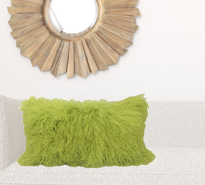 17" Lime Green Genuine Tibetan Lamb Fur Pillow With Microsuede Backing