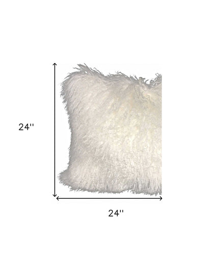 24" Bright White Genuine Tibetan Lamb Fur Pillow With Microsuede Backing