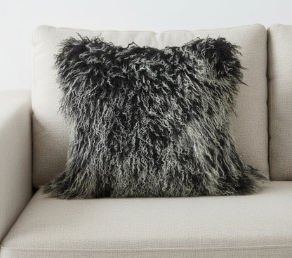 24" Black Genuine Tibetan Lamb Fur Pillow With Microsuede Backing