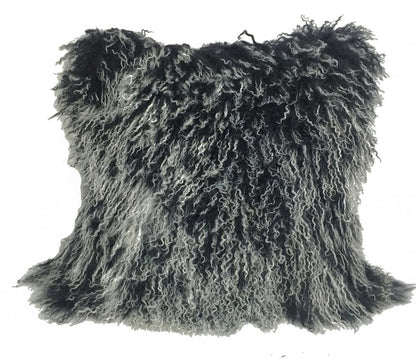 24" Black Genuine Tibetan Lamb Fur Pillow With Microsuede Backing