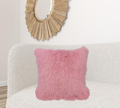 24" Pink Genuine Tibetan Lamb Fur Pillow With Microsuede Backing
