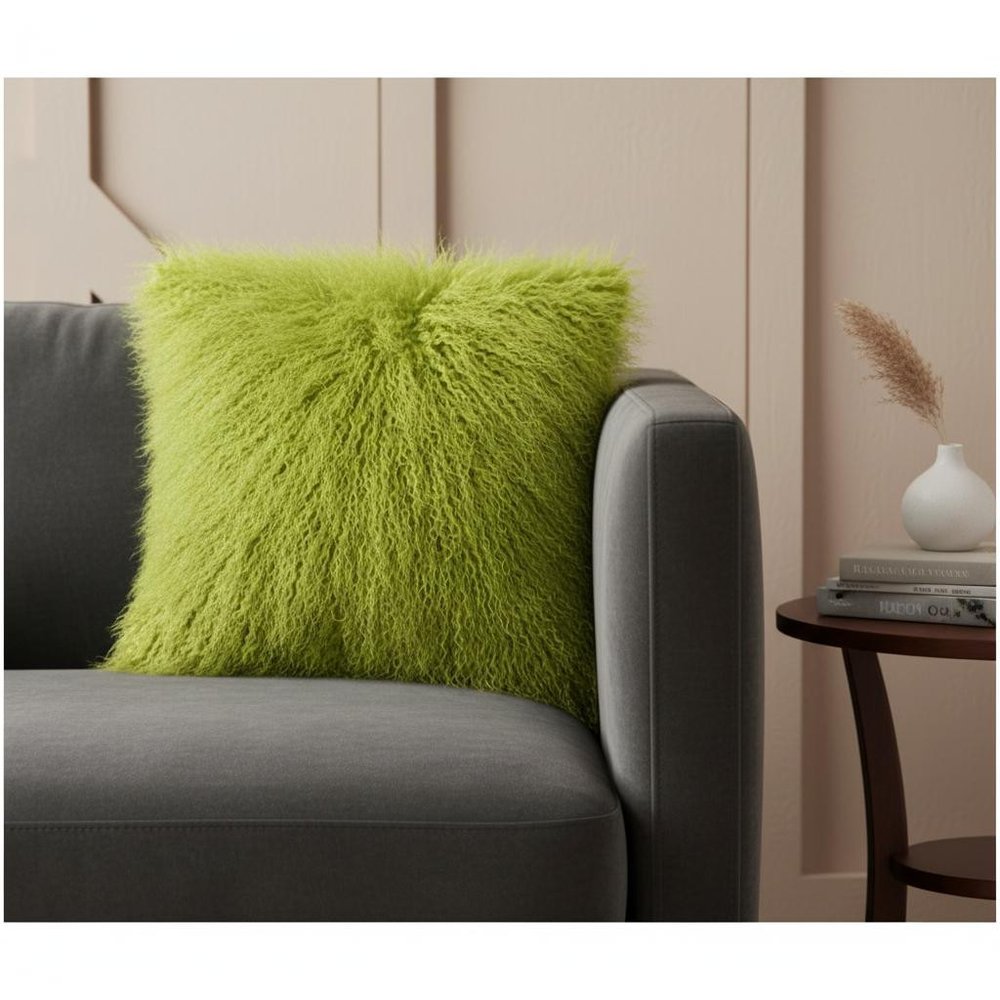 24" Lime Green Genuine Tibetan Lamb Fur Pillow With Microsuede Backing