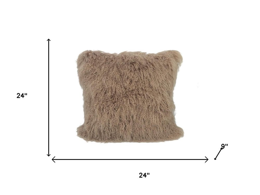 24" Beige Genuine Tibetan Lamb Fur Pillow With Microsuede Backing