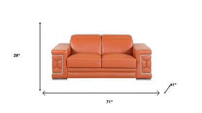 Two Piece Indoor Camel Italian Leather Five Person Seating Set