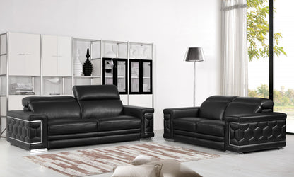 Two Piece Indoor Black Italian Leather Five Person Seating Set