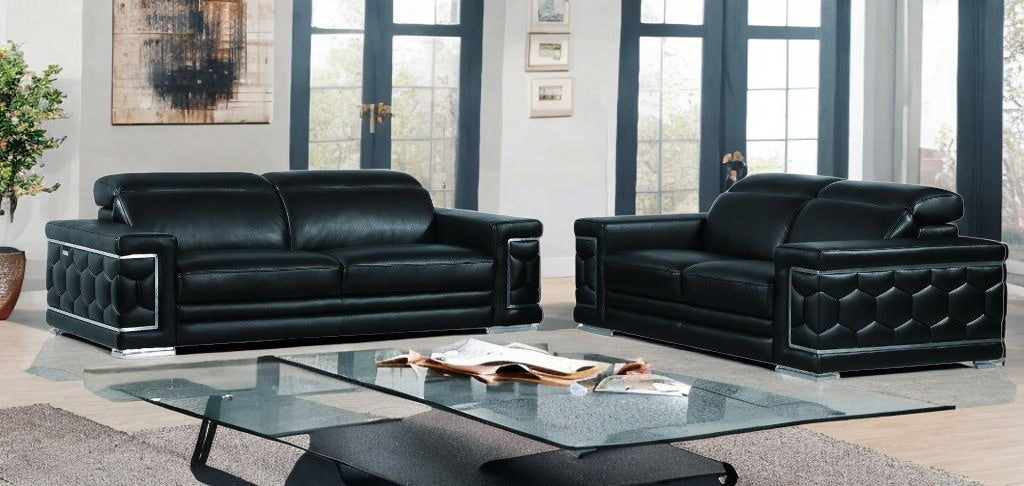 Two Piece Indoor Black Italian Leather Five Person Seating Set