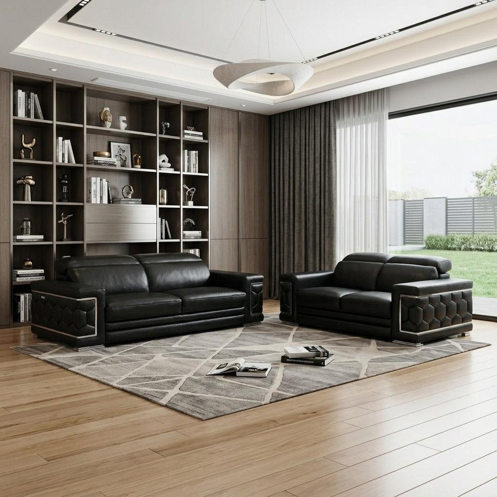 Two Piece Indoor Black Italian Leather Five Person Seating Set