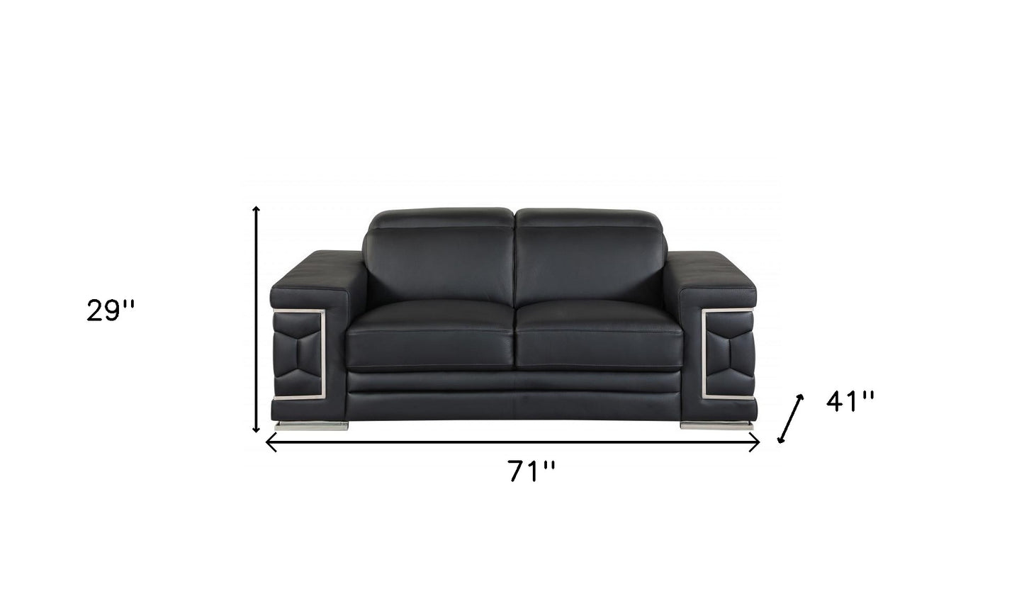 Two Piece Indoor Black Italian Leather Five Person Seating Set