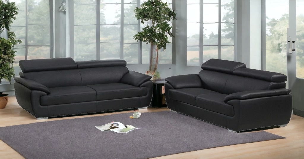 Two Piece Indoor Black Genuine Leather Five Person Seating Set