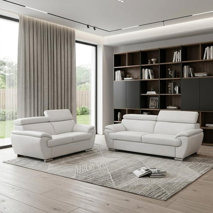 Two Piece Indoor White Genuine Leather Five Person Seating Set