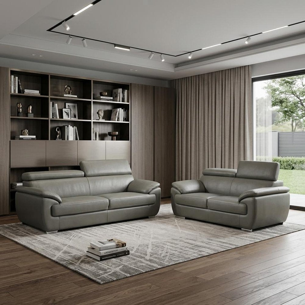 Two Piece Indoor Gray Genuine Leather Five Person Seating Set