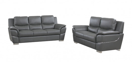 Two Piece Indoor Gray Genuine Leather Five Person Seating Set