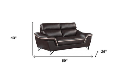 Two Piece Indoor Brown Genuine Leather Five Person Seating Set