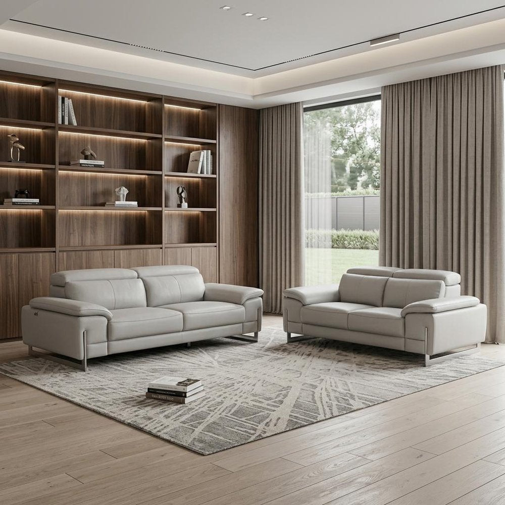 Two Piece Indoor Light Gray Italian Leather Five Person Seating Set