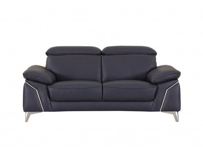 Two Piece Indoor Blue Italian Leather Five Person Seating Set
