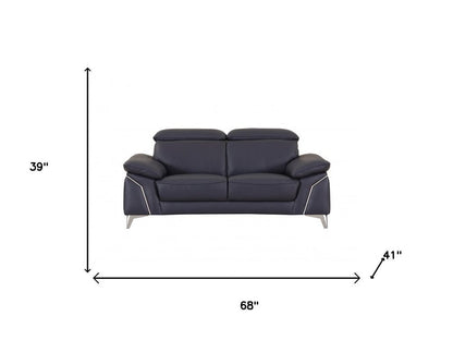 Two Piece Indoor Blue Italian Leather Five Person Seating Set