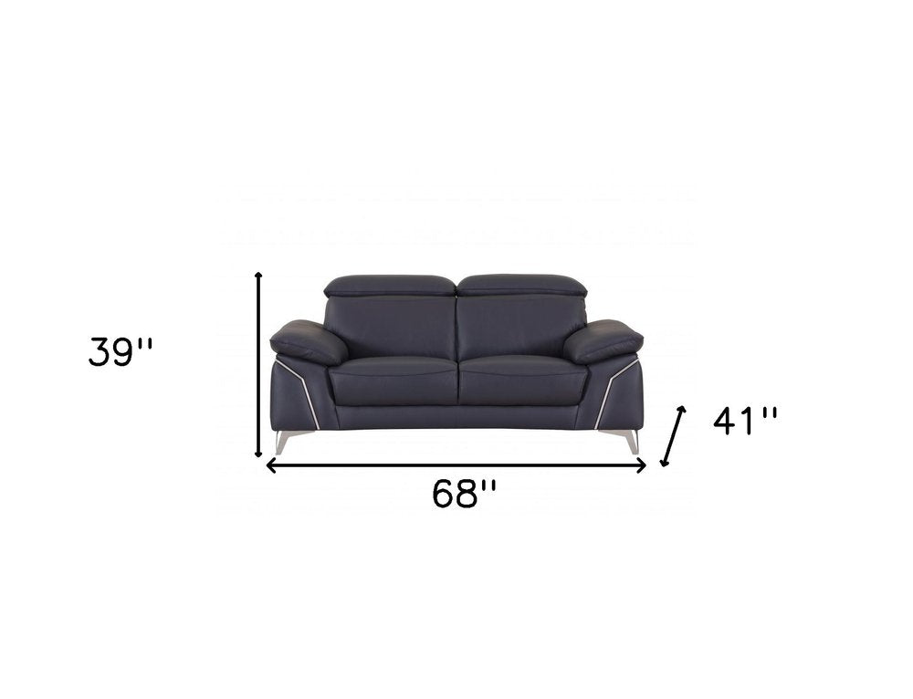 Two Piece Indoor Blue Italian Leather Five Person Seating Set