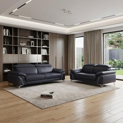 Two Piece Indoor Blue Italian Leather Five Person Seating Set