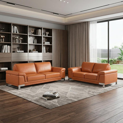 Two Piece Indoor Camel Italian Leather Five Person Seating Set
