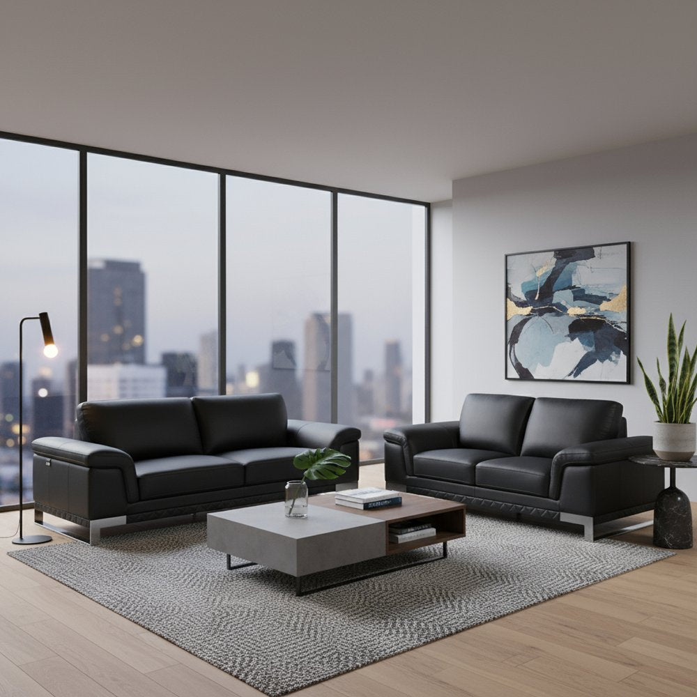 Two Piece Indoor Black Italian Leather Five Person Seating Set