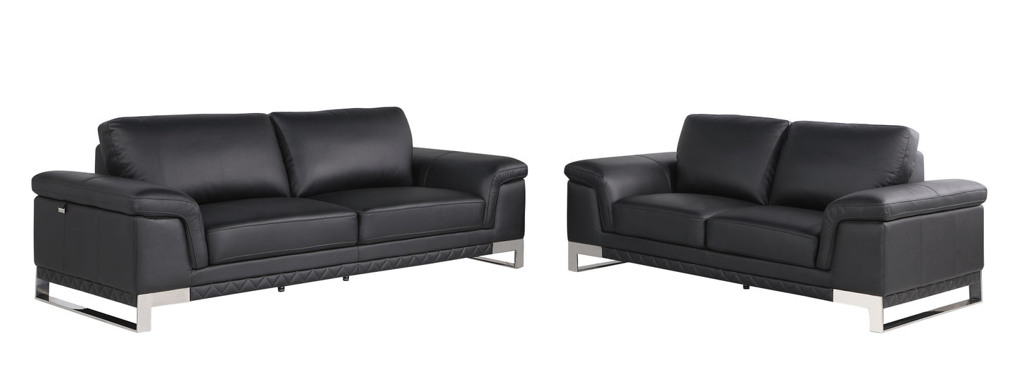 Two Piece Indoor Black Italian Leather Five Person Seating Set