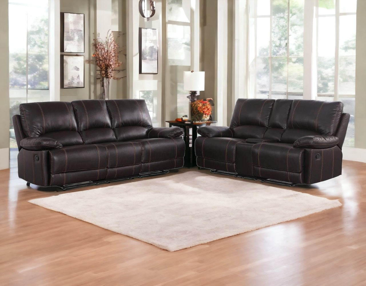 Two Piece Indoor Brown Faux Leather Five Person Seating Set