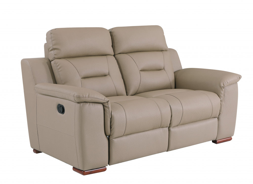 67" Beige And Brown Faux Leather Manual Reclining Loveseat