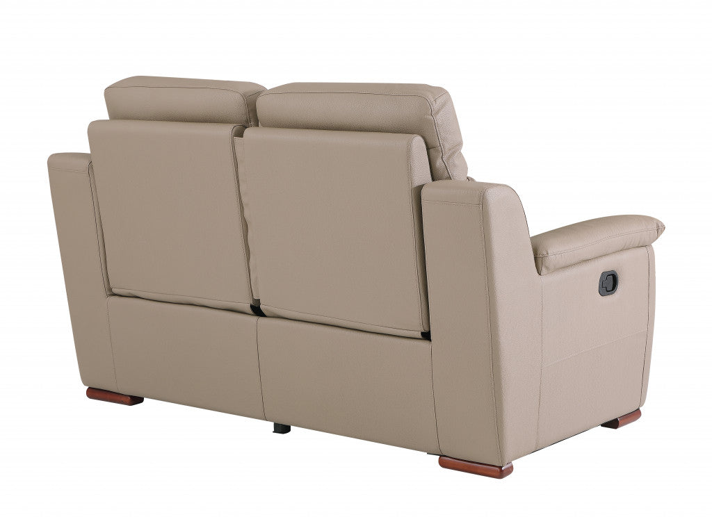 67" Beige And Brown Faux Leather Manual Reclining Loveseat