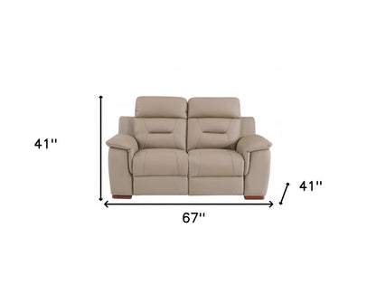 67" Beige And Brown Faux Leather Manual Reclining Loveseat