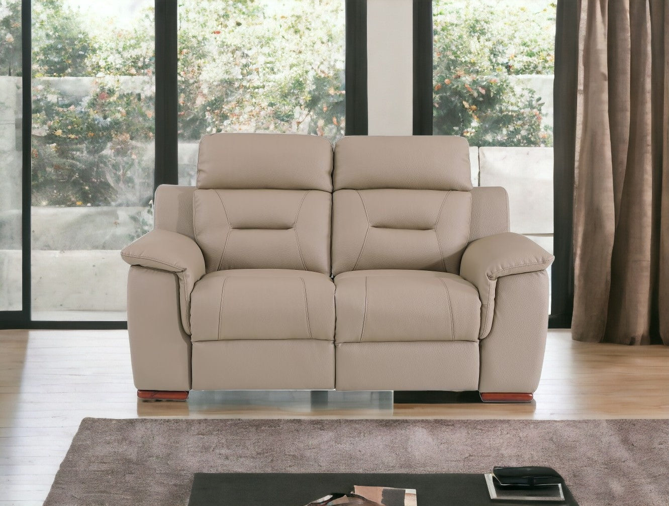 67" Beige And Brown Faux Leather Manual Reclining Loveseat