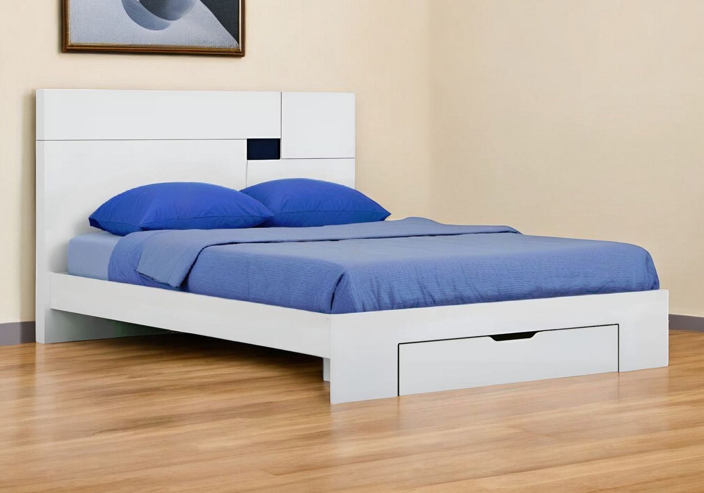 White Wood King Platform Bed Frame With Storage Drawer