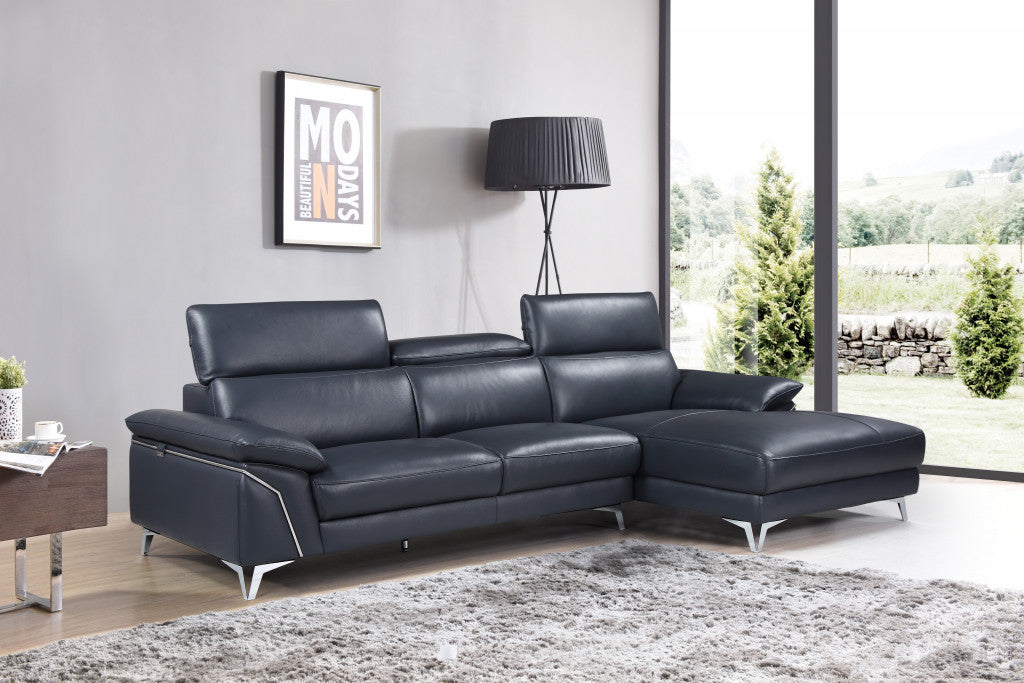 Navy Blue Italian Leather L Shaped Two Piece Sofa and Chaise Sectional