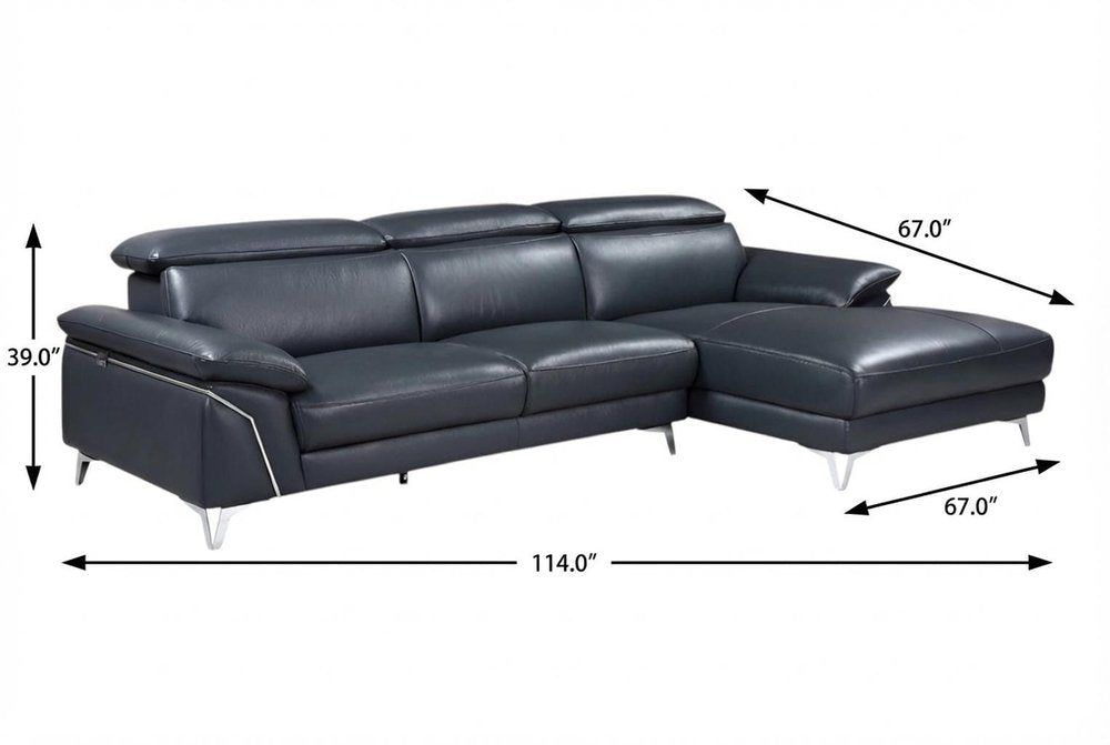 Navy Blue Italian Leather L Shaped Two Piece Sofa and Chaise Sectional