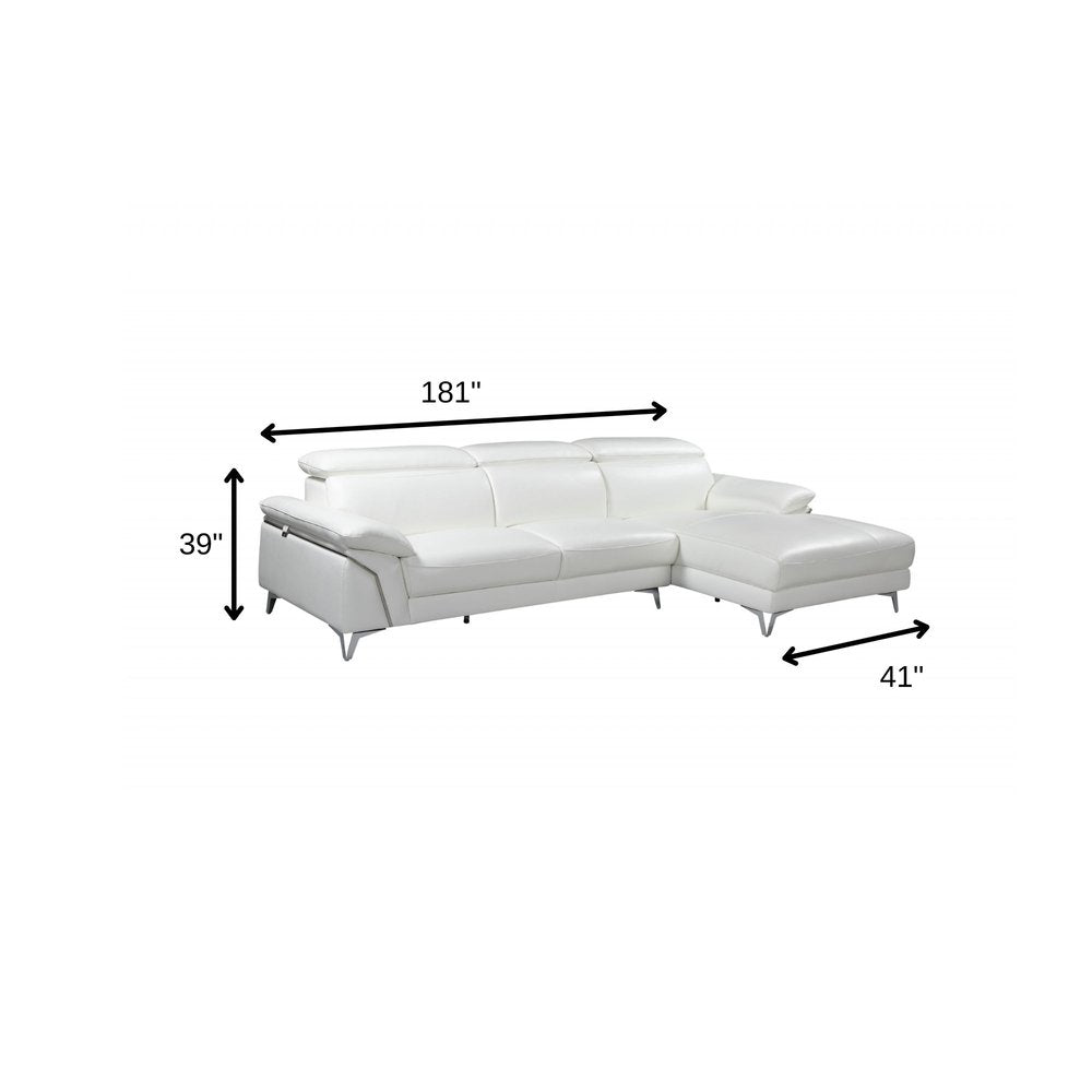 White Italian Leather L Shaped Two Piece Sofa and Chaise Sectional