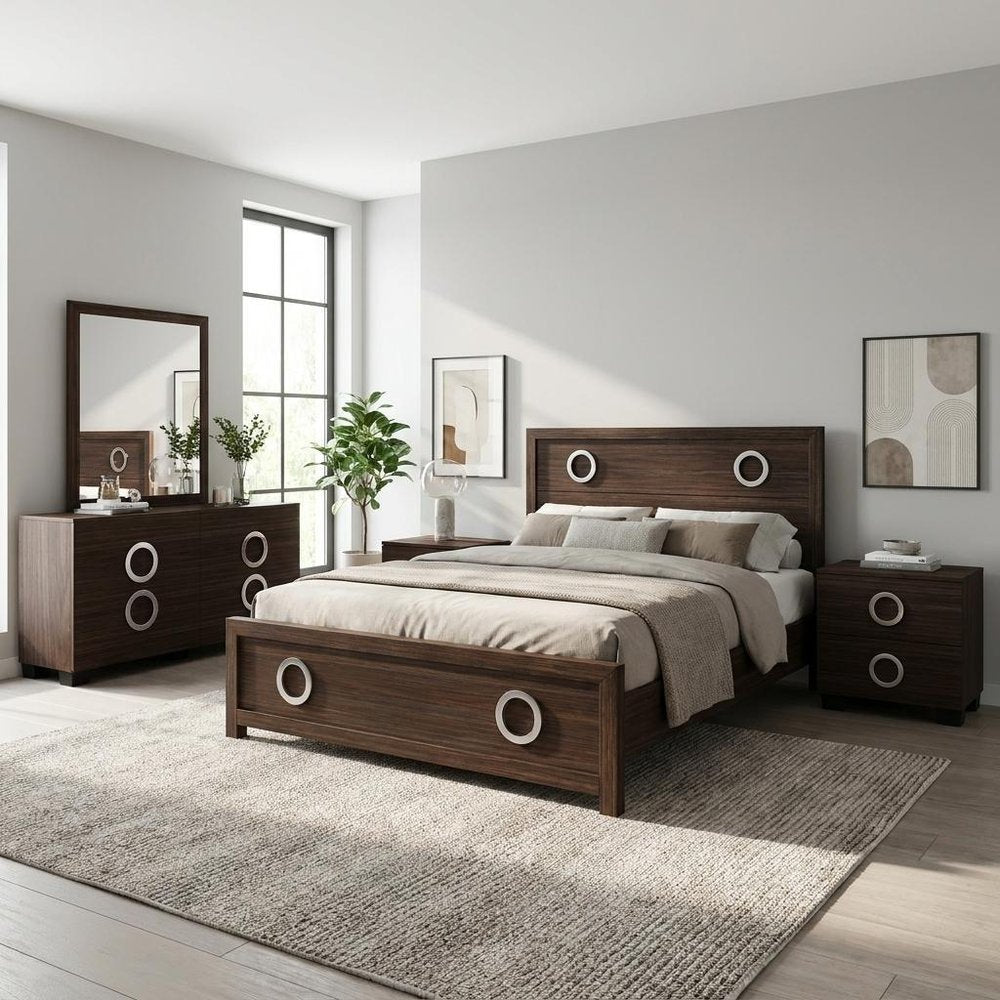 Four Piece Wood Brown Solid Wood Bedroom Set With Mirror