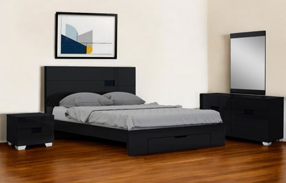 Four Piece Black Solid Wood Bedroom Set With Mirror