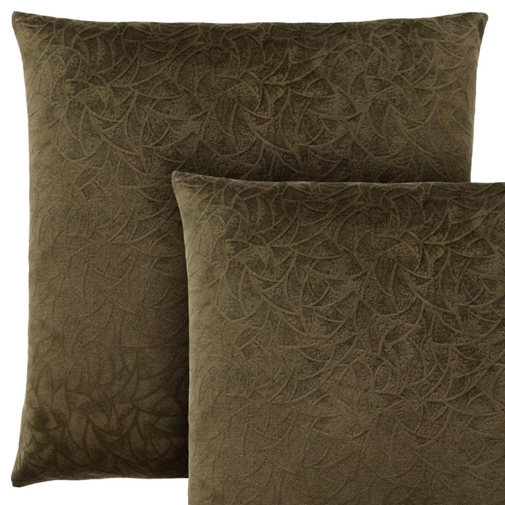 Set Of Two 18" X 18" Dark Green Velvet Polyester Floral Zippered Pillow