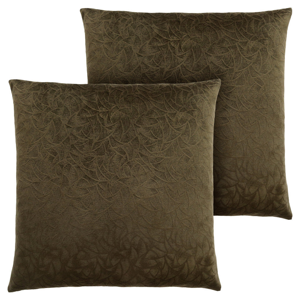 Set Of Two 18" X 18" Taupe Velvet Polyester Floral Zippered Pillow