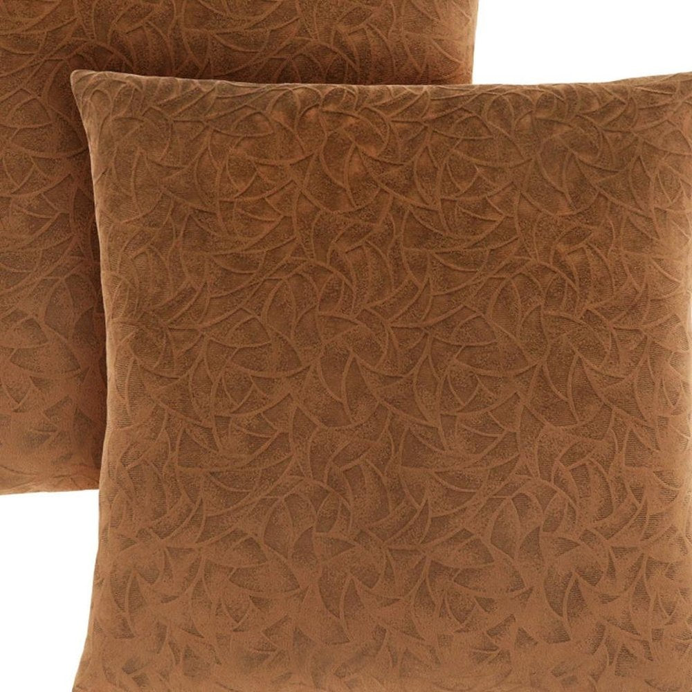 Set Of Two 18" X 18" Brown Velvet Polyester Floral Zippered Pillow