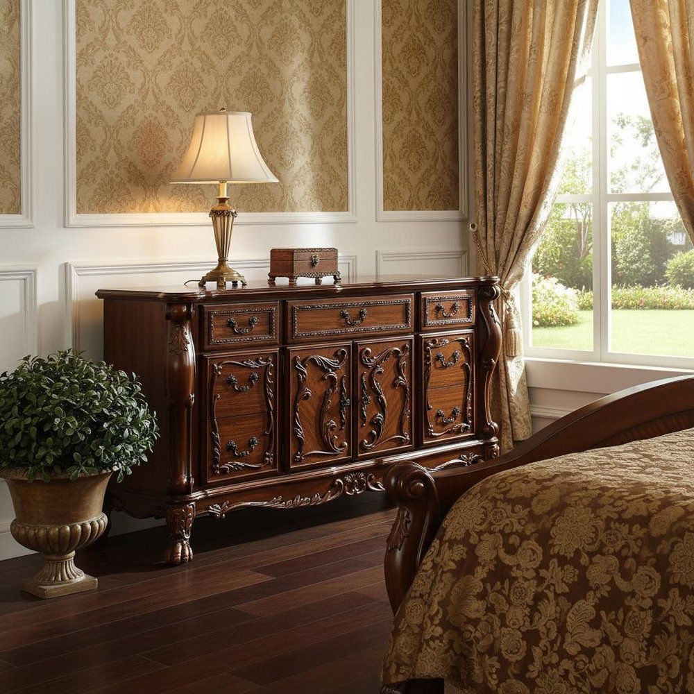 38" Brown Carved Scrollwork Solid Wood Two Door Seven Drawer Combo Dresser