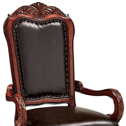 Set of Two Brown Upholstered Faux Leather Queen Anne Back Dining Arm Chairs