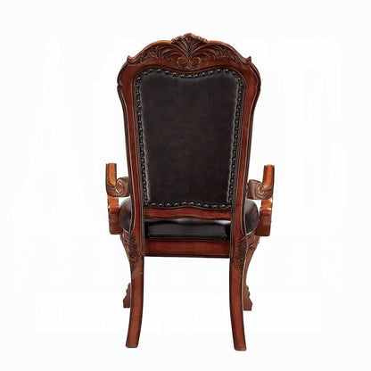 Set of Two Brown Upholstered Faux Leather Queen Anne Back Dining Arm Chairs
