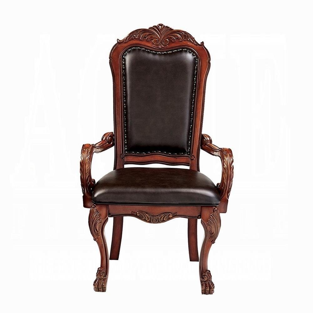 Set of Two Brown Upholstered Faux Leather Queen Anne Back Dining Arm Chairs