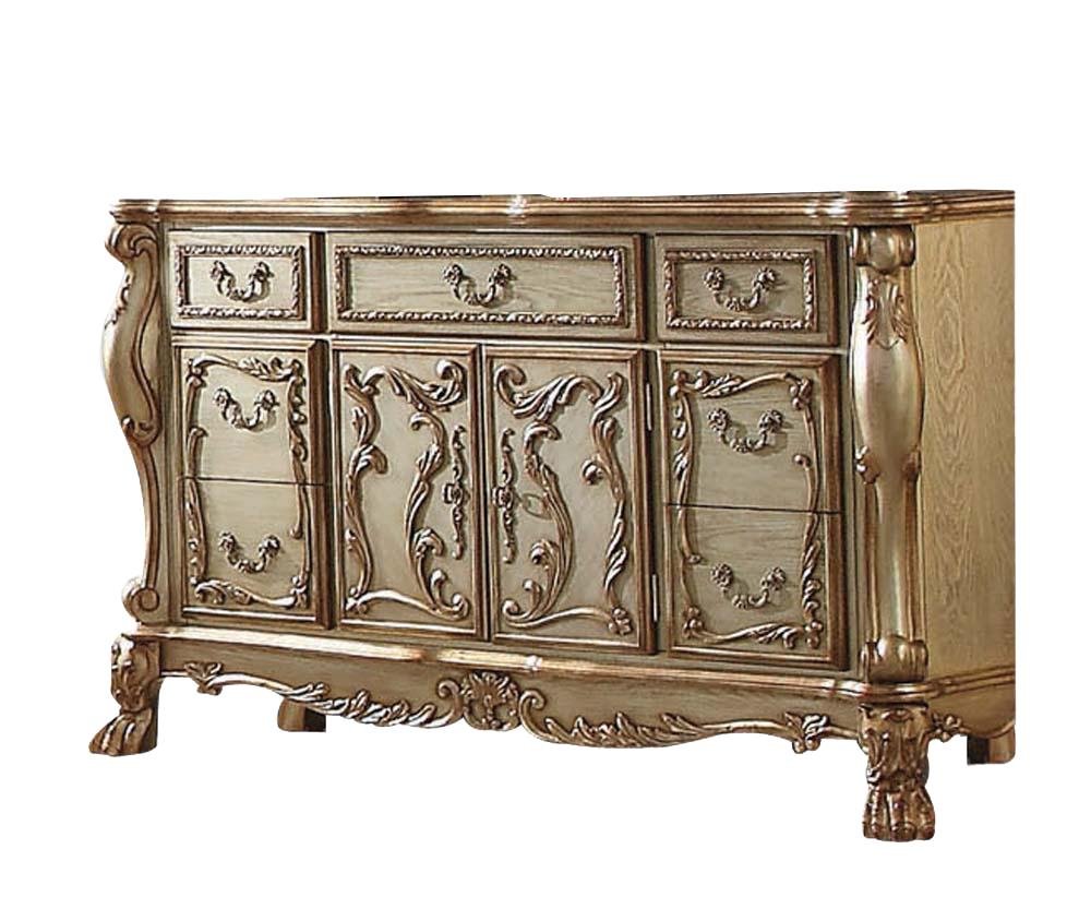 66" Gold Solid Wood Carved Scrollwork Seven Drawer Sideboard with Two Doors