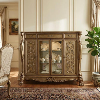 66" Gold Solid Wood Carved Scrollwork Seven Drawer Sideboard with Two Doors